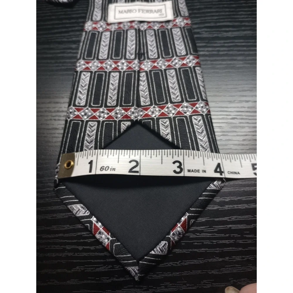 Mario Ferrari Silk Tie Geometric Black Gray Red Pattern‎ 4